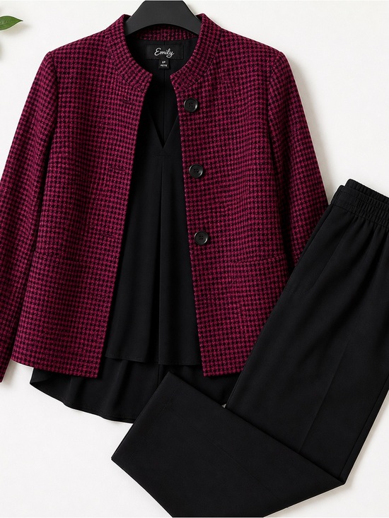 Jackets & Blazers - 3 Piece Bundle Emily Burgundy Houndstooth Button Jacket with Black Top & Pants